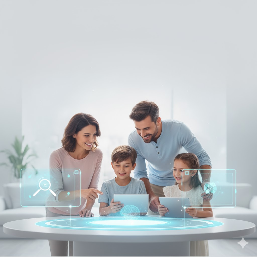 Family using AI technology together safely