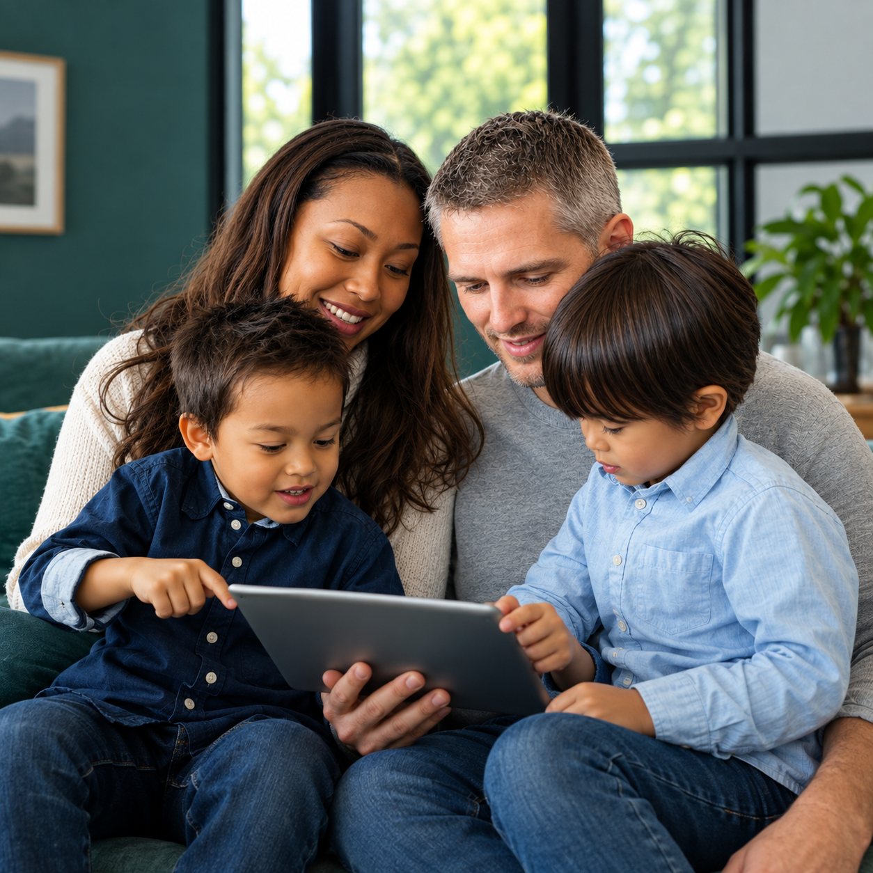 Family learning together with a tablet