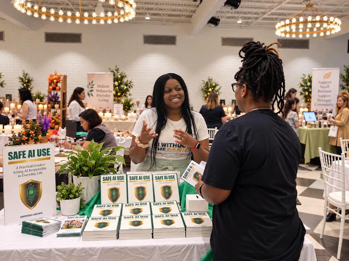 Dr. Gbemisola Adetayo talks with an attendee across the AI User Safety Initiative booth table, which displays copies of the SAFE AI Use Manual and a SAFE AI Use sign