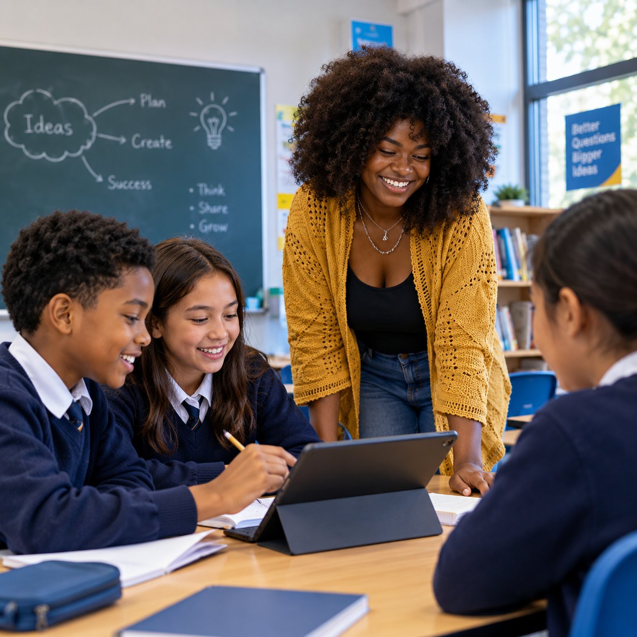 A teacher leans over a classroom table, smiling with students in school uniform as they work with a tablet and notebooks.
